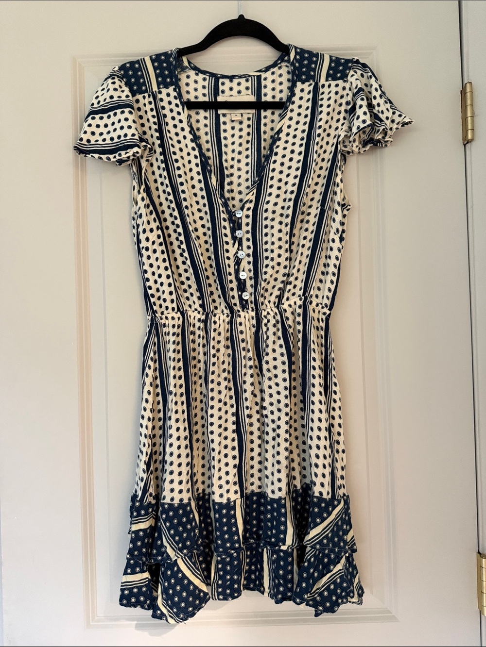 Cleobella Navy and Cream Polka Dot Button-Front Mini Dress